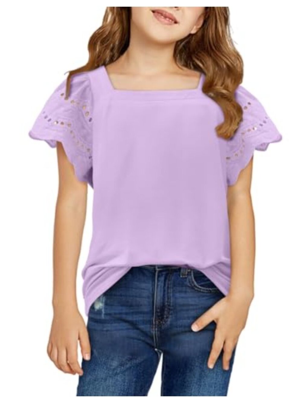 Girls Square Neck Ruffle Sleeve Blouse Loose Fit Summer Top